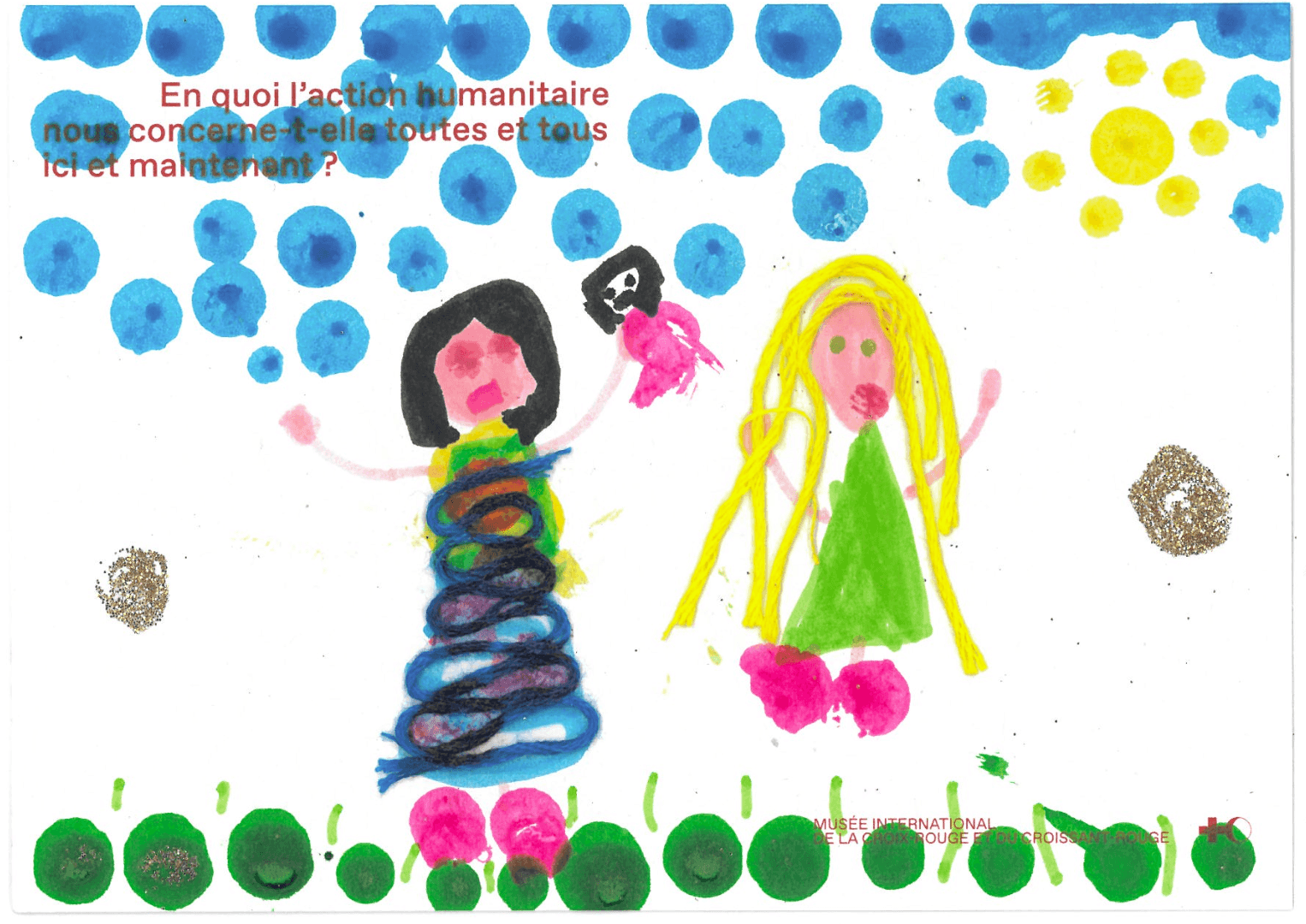 A child’s drawing on a postcard depicting two people, one with short black hair and the other with long blonde hair. There are green dots at the bottom of the card, as well as blue dots for the sky and a sun in the top right-hand corner.