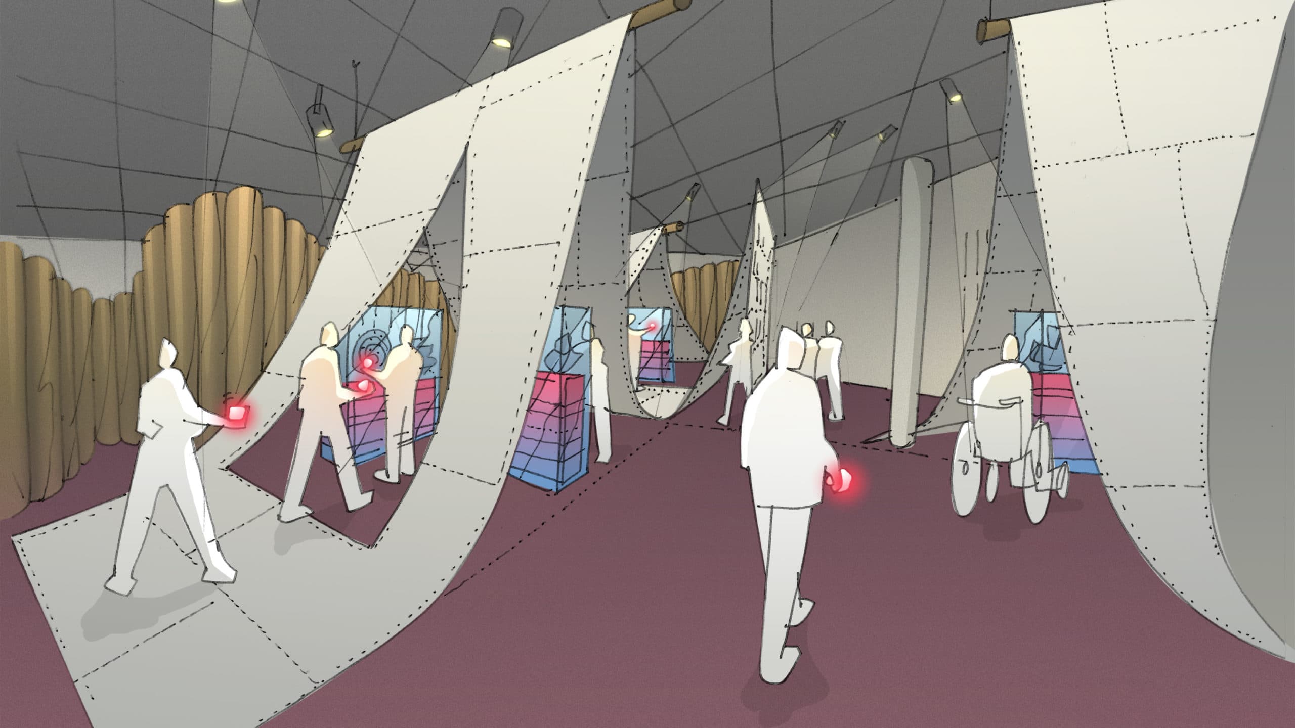 3D-Modell einer Ausstellungsinstallation. Weiße Silhouetten bewegen sich in einem Raum mit geschwungenen Wänden und wellenförmigen Flächen, der von Deckenstrahlern beleuchtet wird. Weiße Leinwände hängen von der Decke herab.
