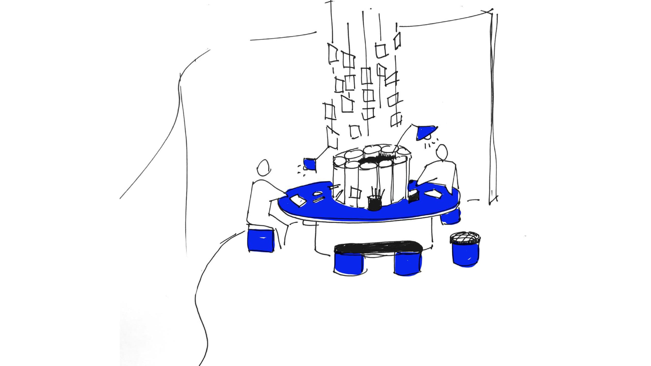 Skizze von zwei Silhouetten, die auf blauen Hockern um einen runden, blauen Tisch sitzen. Postkarten hängen an Fäden von der Decke herab, in der Mitte des Tisches.