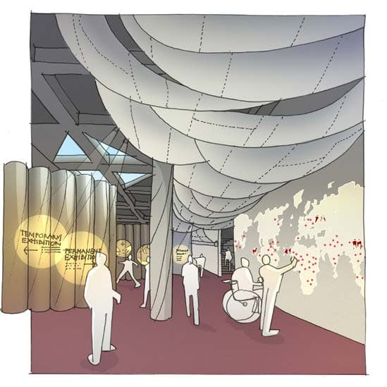 3D-Modell einer Ausstellungsinstallation. Weiße Leinwände hängen von der Decke. Links wird Text auf eine wellenförmige Wand projiziert. Links betrachten zwei weiße Silhouetten eine weiß auf eine graue Wand gemalte Weltkarte. Weitere weiße Silhouetten bewegen sich durch den Raum.