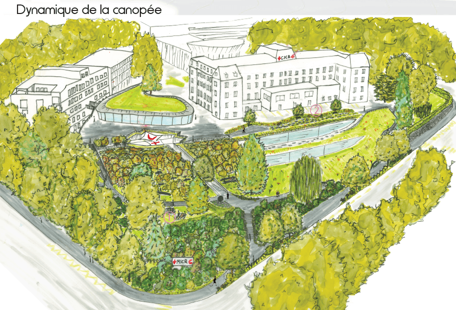 Vue aérienne dessinée en couleurs d'un projet d'aménagement paysager présentant des bâtiments entourés de jardins, de cheminements, de pelouses et d'espaces plantés organisés autour d'un parc central.
