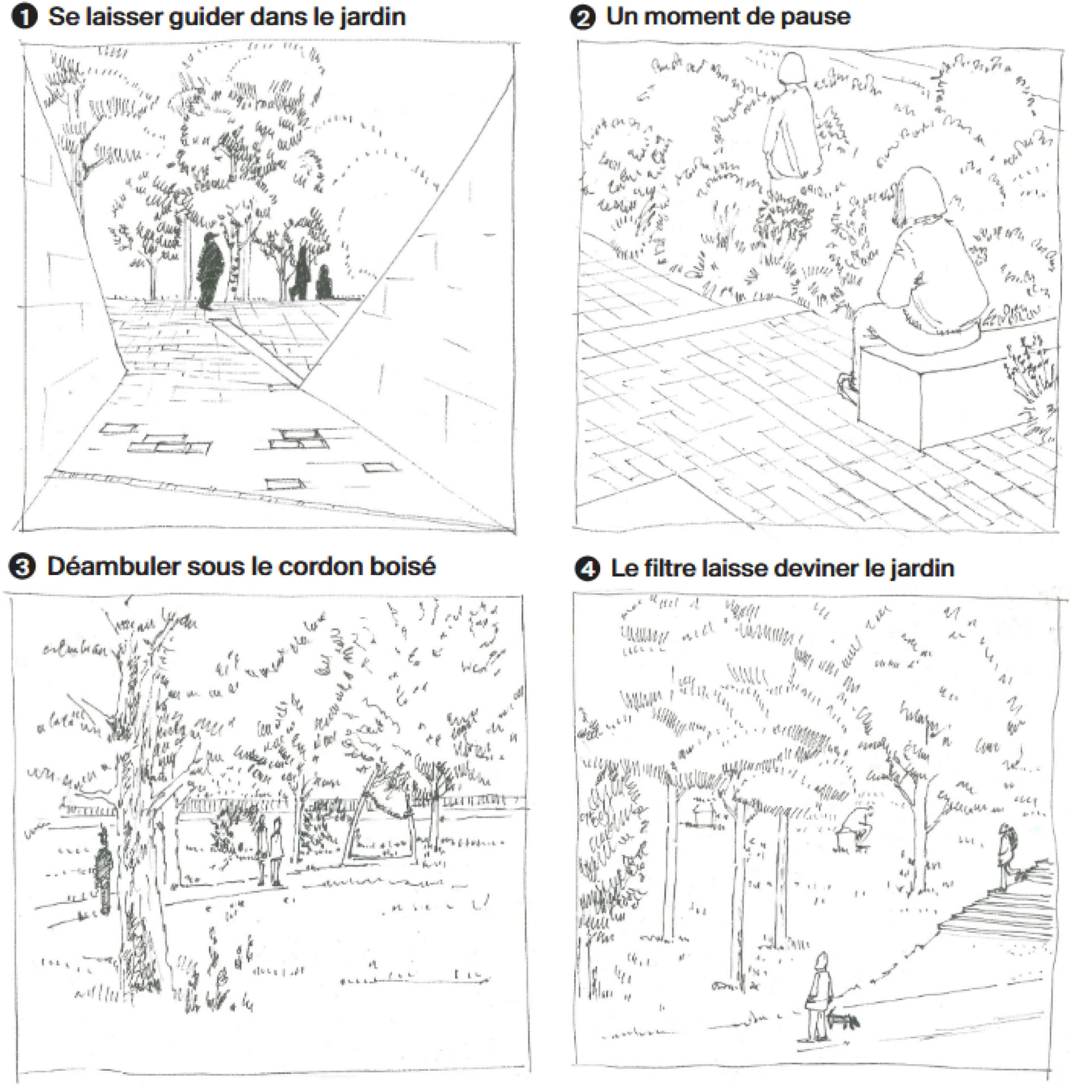 Quatre esquisses en noir et blanc montrent des points de vue successifs d'un jardin : une entrée végétalisée, un espace de pause, une promenade sous les arbres et une ouverture sur le paysage.